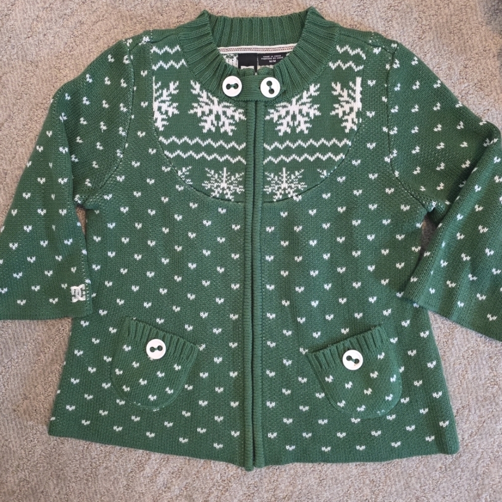 DC Shoes Green White Fair Isle Snowflake Design Zip Front Knit Sweater Jr Size M